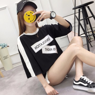 2018新款韩版印花七分袖女t恤夏女短袖圆领修身学生小清新短袖女