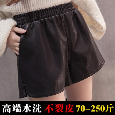 松紧腰pu皮短裤女高腰阔腿A字裤宽松大码打底短裤女学生休闲热裤