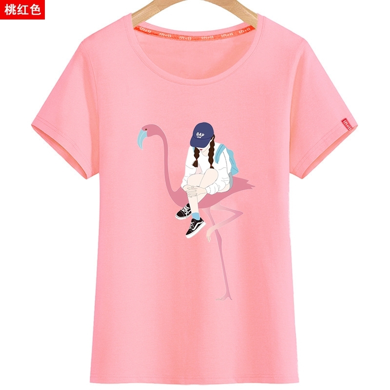 夏季纯棉短袖t恤女朱鹭女孩粉色圆领韩版半袖卡通印花宽松打底衫