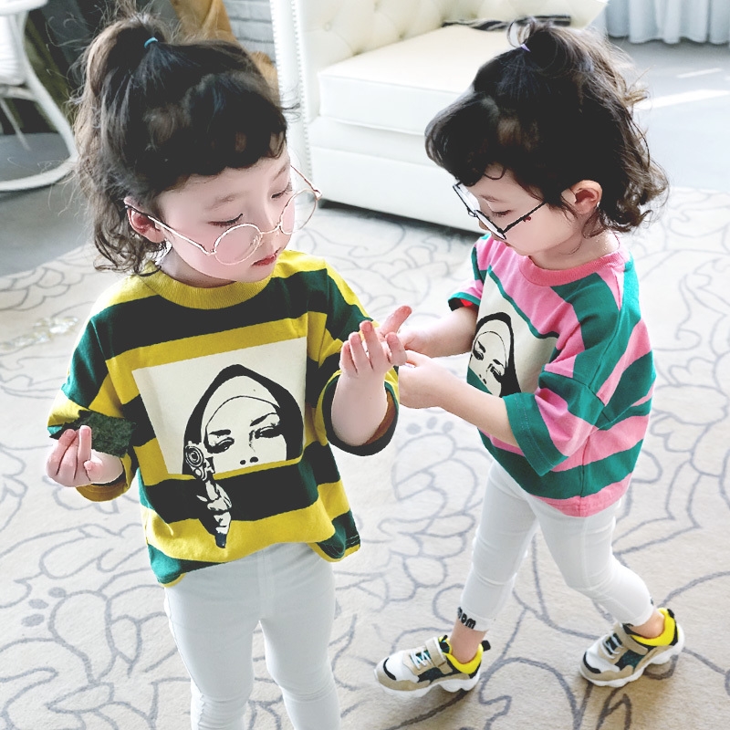 Children's clothing girls' short sleeve T-shirt boys' baby wide stripe gunner T-shirt summer new Korean children's middle and big children